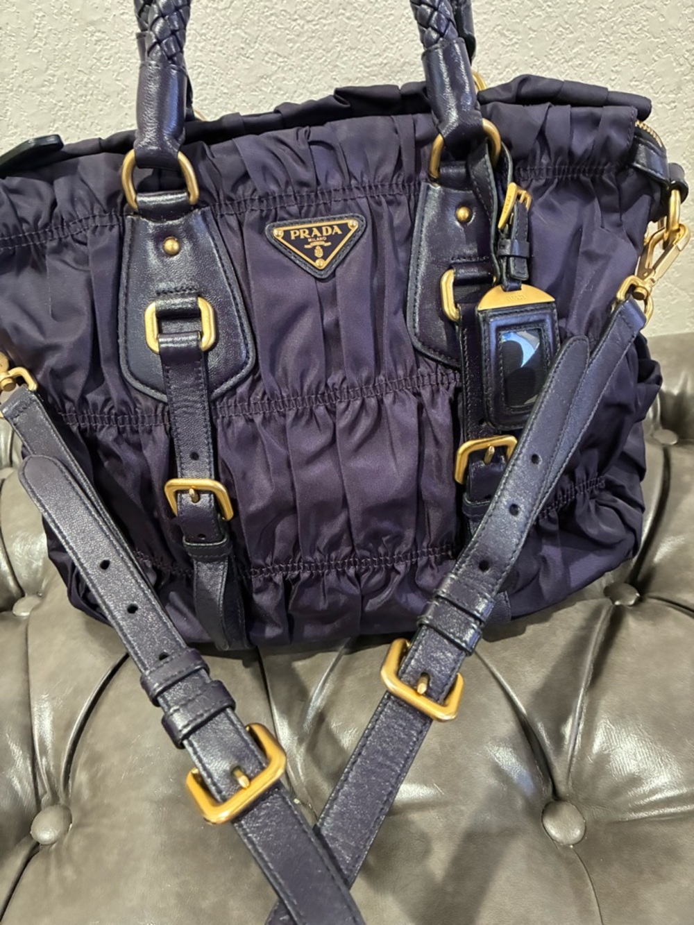 Prada Navy Blue Ruched Nylon Shoulder Bag with Gold Hardware